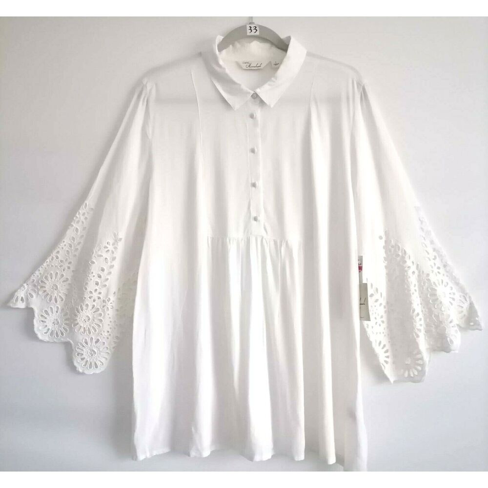 Caffe Marrakesh Popover Blouse White Floral 3/4 Sleeve Eyelet Scalloped L New